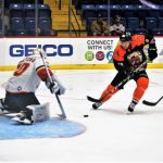 Matt Willows could not turn this Adirondack G Drew Fielding’s rebound into a goal during 3rd period net rush