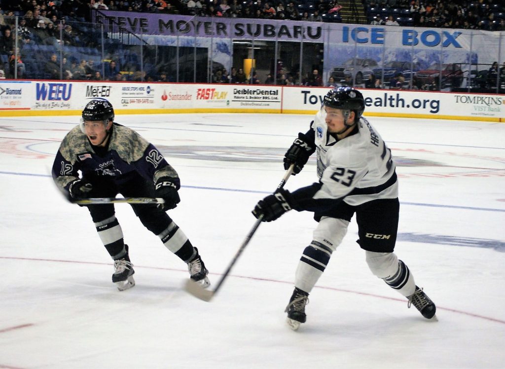 Jacksonville’s Chase Harrison gets a shot past Steve Swavely that will be rebounded in for the Icemen’s only goal.