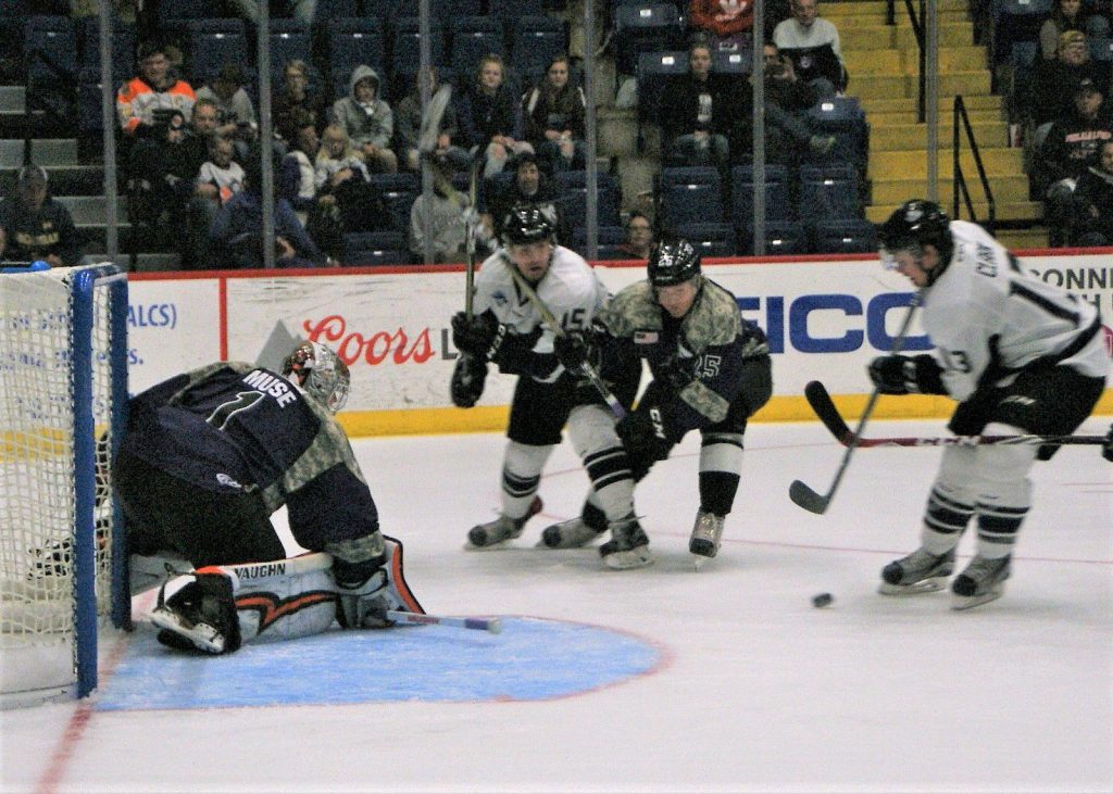 Icemen’s Emerson Clark gets a John Muse rebound on his stick and into the net for Jacksonville’s only score