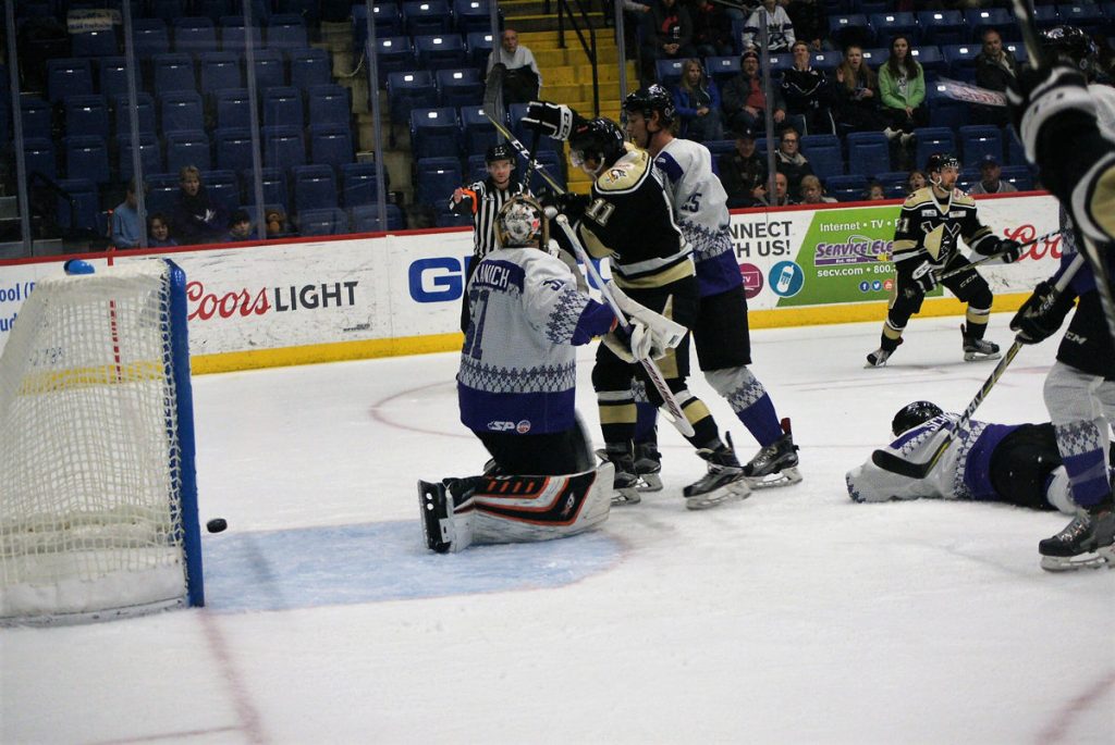 Wheeling’s first goal by Kevin Schulze was never seen by Mark Dekanich as Nailers Cody Wydo sets a great screen.