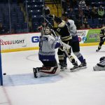 Wheeling’s first goal by Kevin Schulze was never seen by Mark Dekanich as Nailers Cody Wydo sets a great screen.