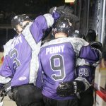 Matt Willows gets (90) gets congratulated by Chris McCarthy, Ryan Penny and Frank Hora after his 3rd period goal.