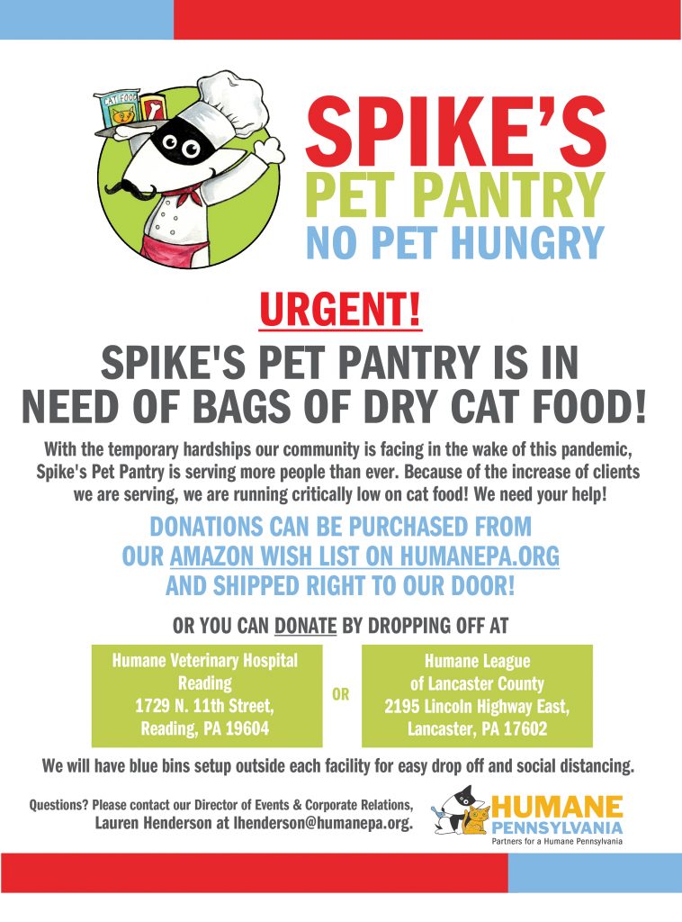 Humane Pennsylvania’s Spike’s Pet Pantry in Critical Need of Donations of Dry Cat Food