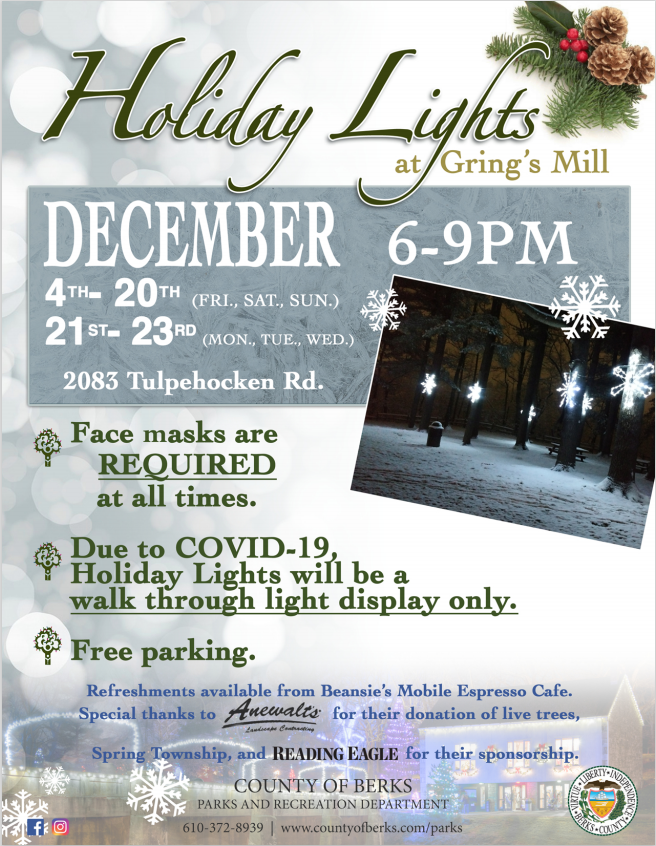 Holiday Lights at Gring’s Mill walk-through only display due to COVID-19