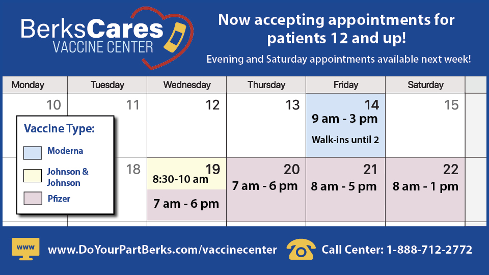 Berks Cares Vaccine Center Accepting Appointments for Patients 12 and Up