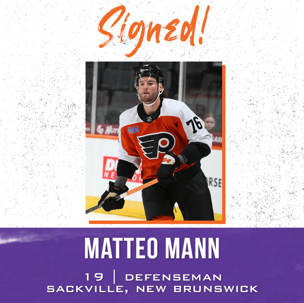 Royals Sign 6’6 Defenseman, Flyers 2023 Draft Pick Matteo Mann to ATO